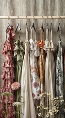 Vertical AI illustration elegant summer dresses on display with floral backdrop. Concept business.