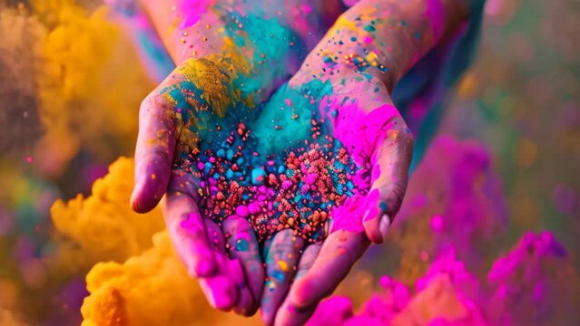 A person holds their hands tightly together, their palms filled with vibrant, powdered pigments, A splash of vivid colors reminiscent of Indian Holi festival