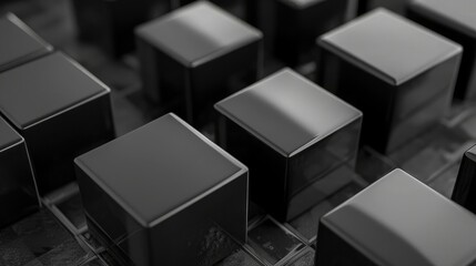 Smooth black cubes on a dark gray block background, perfect for a modern, stylish monochrome effect.