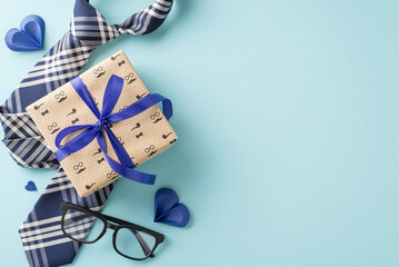A beautifully wrapped Fathers Day gift, complete with a stylish tie, glasses, and decorative hearts...