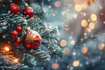 Christmas tree with red decorations and lights. Glittering background.