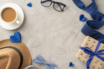 Create memorable Fathers' Day homage using this top view layout: hat, tie, bow tie, giftbox,...