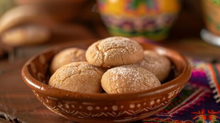 A brown bowl filled with delicious Polvorones cookies on top of a table
