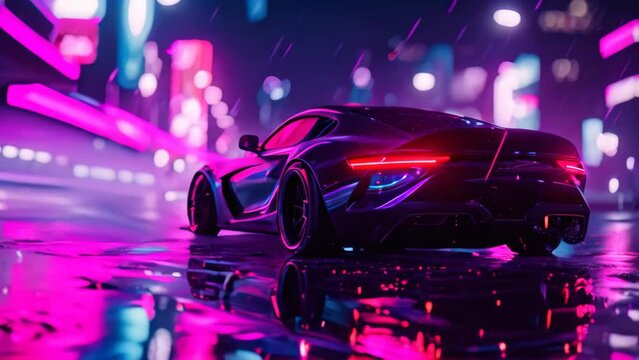A car is parked on a city street, enduring the rain, A sports car gleaming under neon city lights