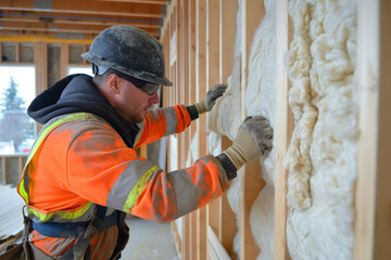 Skilled construction worker installing thermal insulation for energy efficiency in a residential construction site while wearing safety gear, including gloves and hard hat