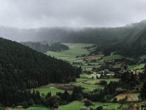Portugal, Azores, Lomba do Vasco, Fog over a green valley on San Miguel island