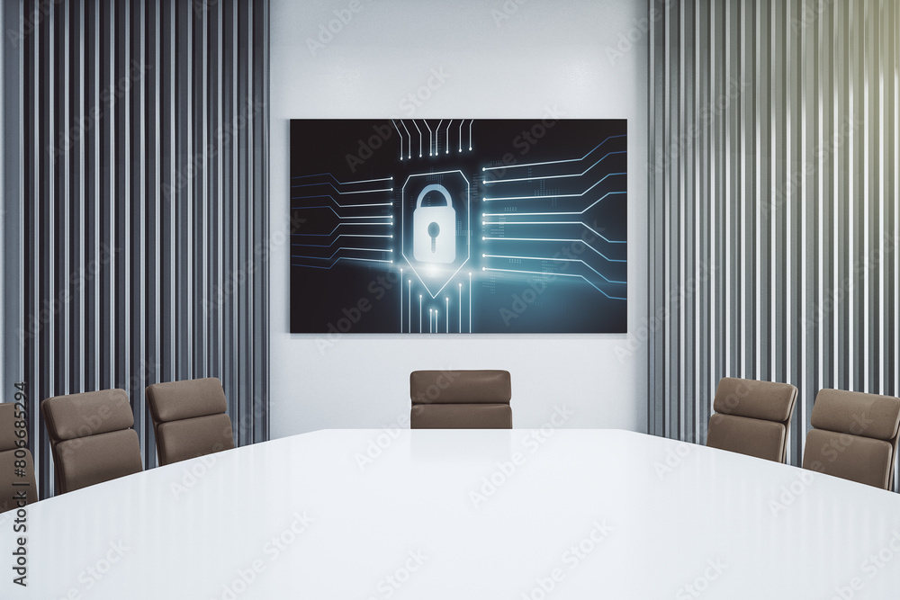Poster creative lock hologram and chip on presentation tv screen in a modern meeting room. information secu