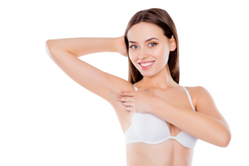Armpit epilation laser hair removal depilation smooth clear skin concept. Pretty woman holding her arm up and showing clean underarm isolated on white background