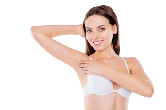 Armpit epilation laser hair removal depilation smooth clear skin concept. Pretty woman holding her arm up and showing clean underarm isolated on white background