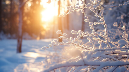 Serene winter morning in the forest with sunlight filtering through the trees, highlighting frosted...