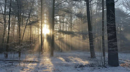 Frosty morning in a forest with sunlight piercing through the mist and trees