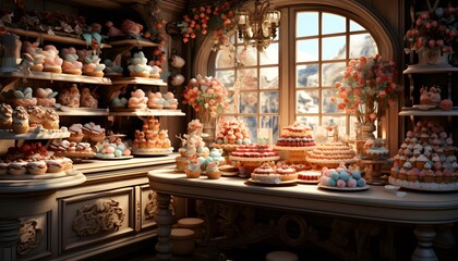 Colorful sweets in a shop window. 3d rendering, 3d illustration.