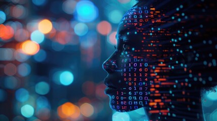  A black woman in profile with computer code and data visualizations overlaying her face, overlaying digital elements