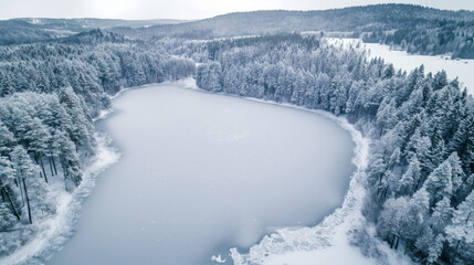 Aerial view of a serene frozen lake surrounded by dense snow-covered trees in a tranquil forest - Powered by Adobe