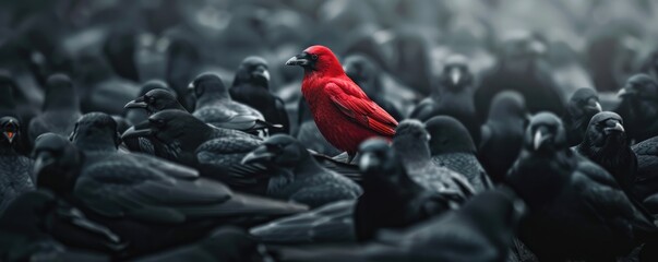 An intense red bird stands out among black crows underlining appearance and difference in a crowd.