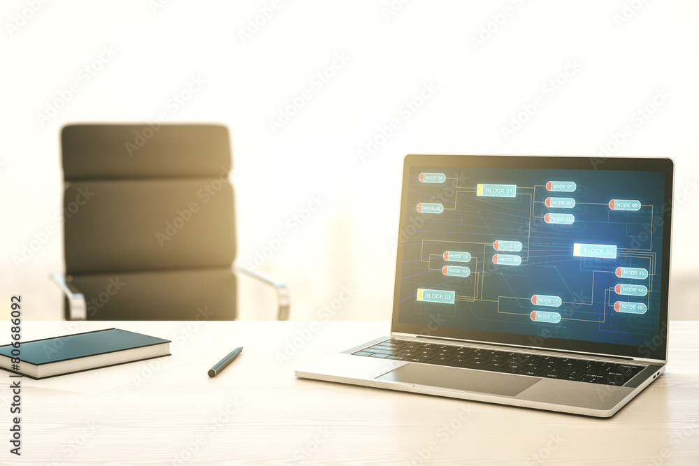 Poster modern computer monitor with abstract programming language, research and development concept. 3d ren