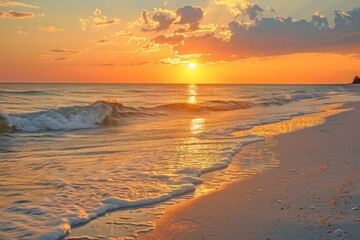Obraz premium Serene beach at sunrise with gentle waves