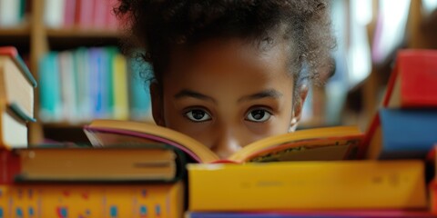 Close up of attractive child reading a book while looking at camera. Elementary student holding fairy tale novel book or bedtime stories surrounded by various book. Creative activity concept. AIG42. © InfiniteFlow
