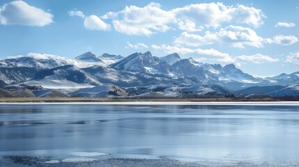 Fototapeta premium Tranquil scene of a frozen lake with a backdrop of majestic, snow-capped mountains under a clear blue sky