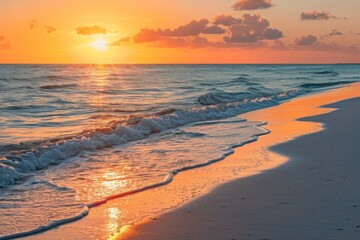 Serene beach at sunrise with gentle waves