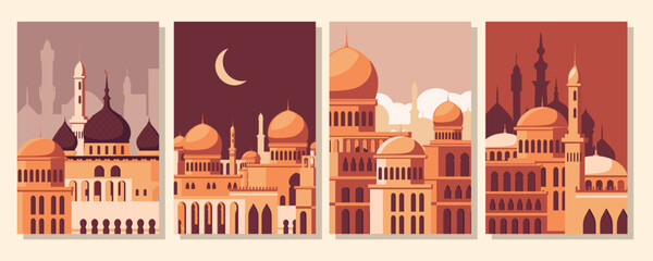 A set of four stylized illustrations of mosques in warm tones, depicting Islamic architecture against different times of day. Vector illustration