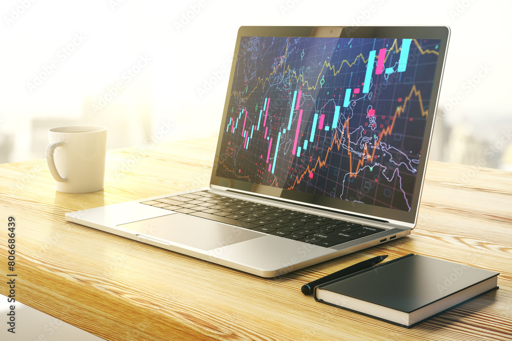 Poster abstract creative financial graph on modern laptop screen, forex and investment concept. 3d renderin