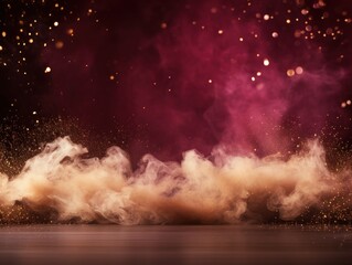 Maroon smoke empty scene background with spotlights mist fog with gold glitter sparkle stage studio interior texture for display products blank 