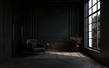 Serene dark interior with elegant seating