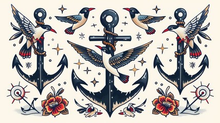 Obraz premium Nautical themes in traditional tattoo style, showcasing swallows and anchors with bold outlines and flat color fills, presented on an isolated background