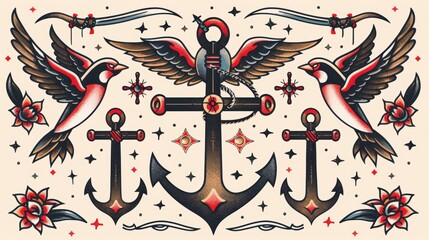 Nautical themes in traditional tattoo style, showcasing swallows and anchors with bold outlines and flat color fills, presented on an isolated background