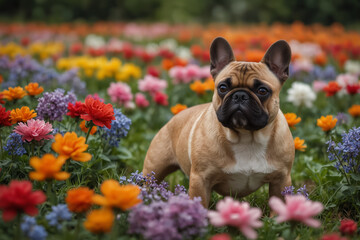 Playful French Bulldog surrounded by a field of colorful flowers
