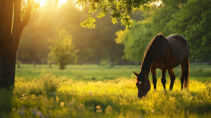 Tranquil scene of a horse grazing in a lush meadow with warm sunset light filtering through the trees - Powered by Adobe