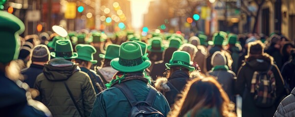 A festive crowd donning green hats gathers to celebrate Saint Patrick's Day, signaling joy and community - Powered by Adobe
