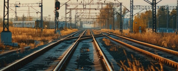 Golden hour sunlight basks the railway with a train positioned, creating a feel of journey and adventure.