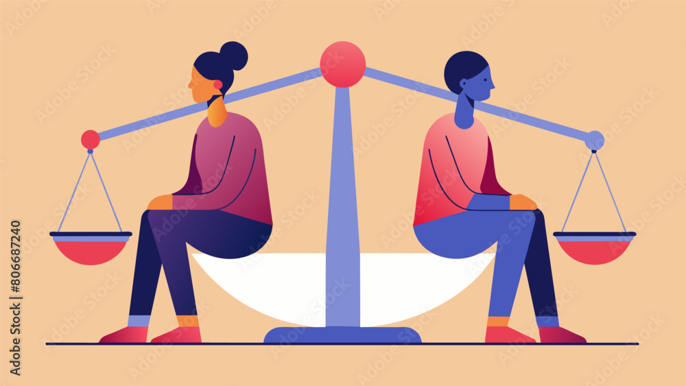 Poster a minimalist illustration of two figures sitting on opposite sides of a scale symbolizing the search