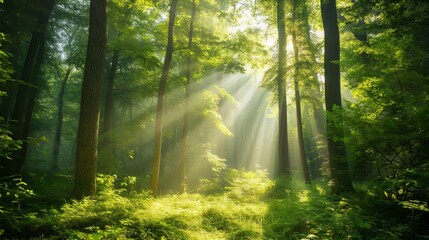 Tranquil and mystical enchanted forest sunbeams filtering through lush greenery and trees, creating a serene and beautiful natural light landscape in the eco-friendly wilderness environment