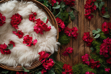 top view of a basket filled with white fur carpet on red flowers and fully green mossy wood floor