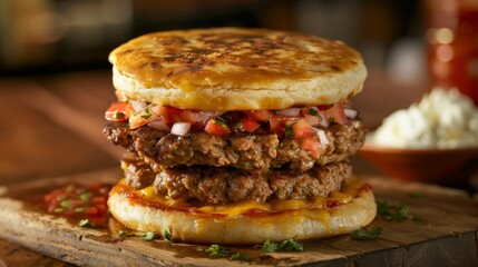 Detailed view of a hamburger sitting on a wooden cutting board