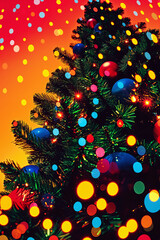 Festive christmas tree with colorful lights and ornaments