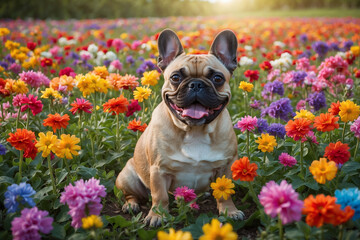Playful French Bulldog surrounded by a field of colorful flowers