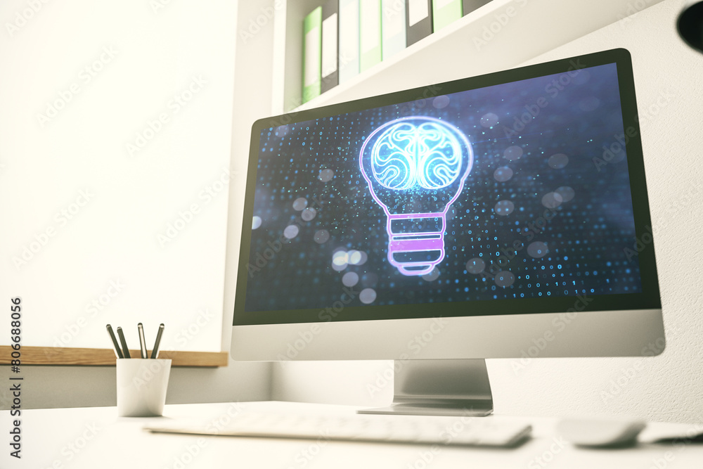 Aufkleber Creative idea concept with light bulb and human brain illustration on modern laptop screen. Neural networks and machine learning concept. 3D Rendering