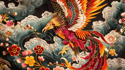 Majestic phoenix in a Japanese tattoo style, signifying rebirth and fire, crafted with vibrant colors on a clean background