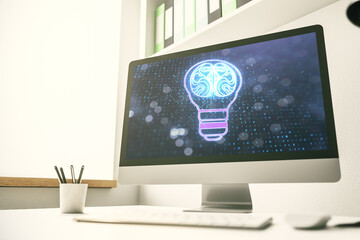 Creative idea concept with light bulb and human brain illustration on modern laptop screen. Neural networks and machine learning concept. 3D Rendering