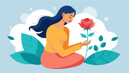 A woman strokes the soft petals of a blooming rose finding solace and relaxation in the simple act.. Vector illustration
