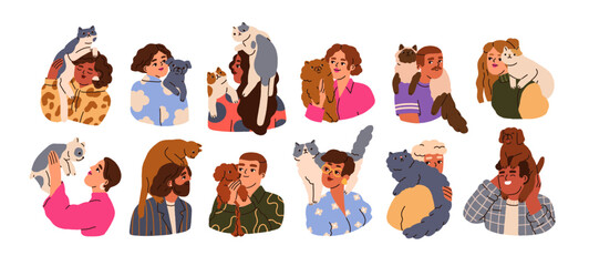 Happy people with pets set. Dog and cat owners holding, hugging cute canine and feline friends. Funny animal and human in love, friendship. Flat vector illustration isolated on white background