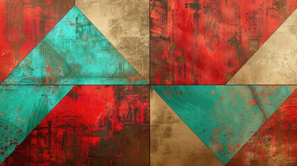 Deep red and turquoise geometric designs on an aged brass base with a patina texture.