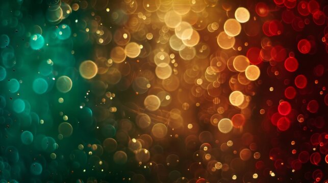 Abstract blur bokeh banner background. Gold bokeh on defocused emerald green and red background