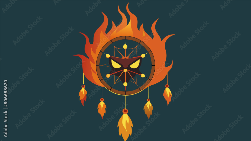 Poster a dreamcatcher made of fire capturing and ping small flaming faces that seem to whisper in fear and 