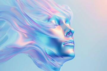 3d fluid holographic illustration in the shape of a woman's face with pastel blue and violet colors on blue background