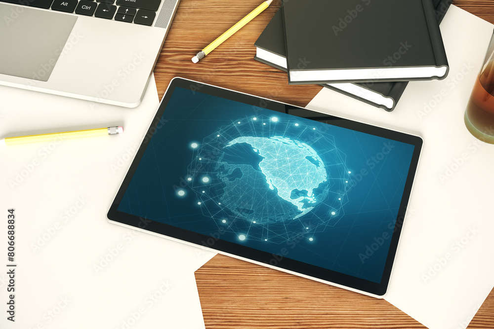 Poster top view of modern digital tablet monitor with america map, research and strategy concept. 3d render